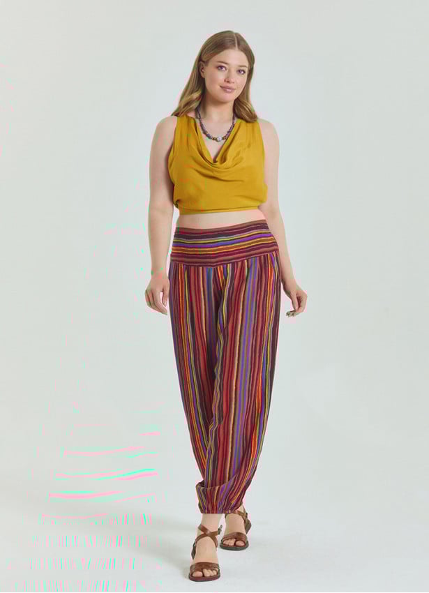 Elastic Waist Relaxed Cut Red Plus Size Trousers 4626